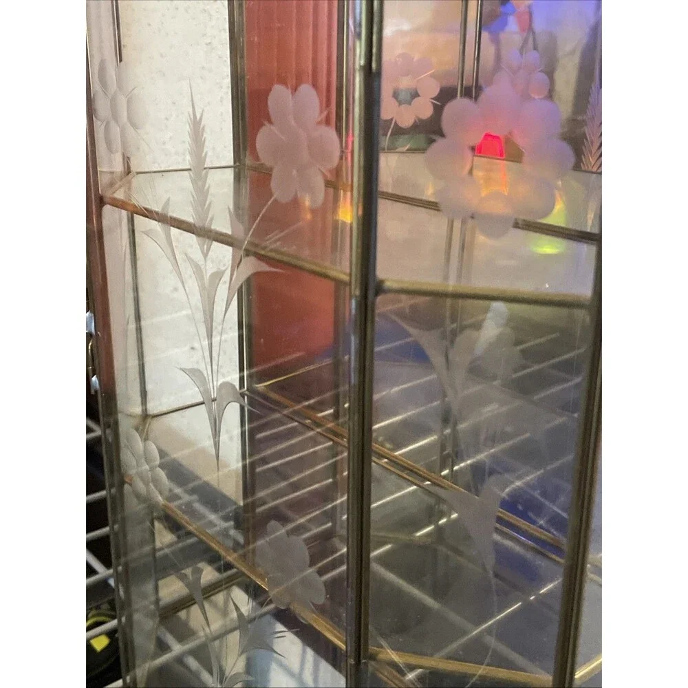 Vintage Etched Glass Brass Display Case Curio Cabinet Mirrored Back Wall Shelf